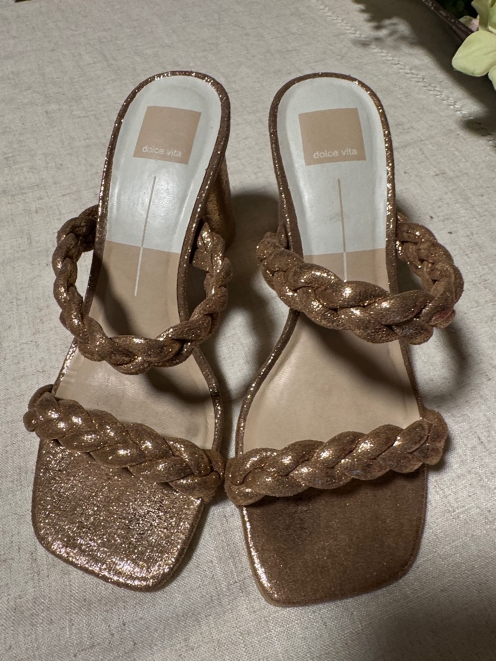 Dolce Vita Metallic Bronze Braided Strap Block Heel Slides